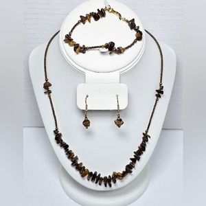 Vintage Tigers Eye Nugget Bead Gold Tone Necklace Bracelet Earrings Jewelry Set